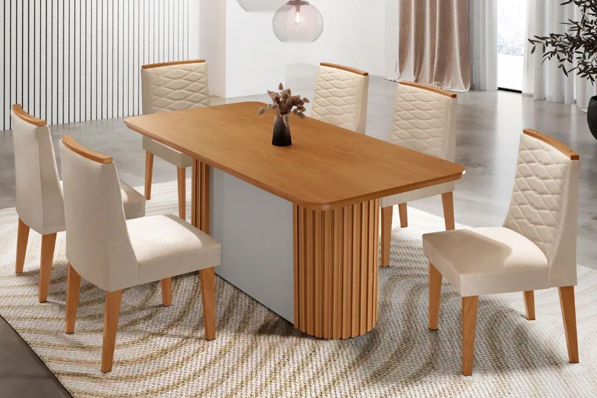 Sala de Jantar Completa Pilar c/ Tampo Madeirado Canto Curvo 180x90cm e 6 Cadeiras Maldivas Madeira Maciça - Rufato