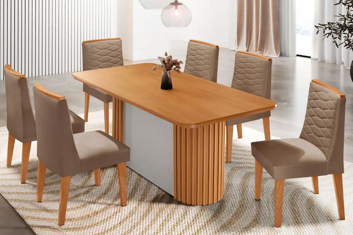 Sala de Jantar Completa Pilar c/ Tampo Madeirado Canto Curvo 180x90cm e 6 Cadeiras Maldivas Madeira Maciça - Rufato