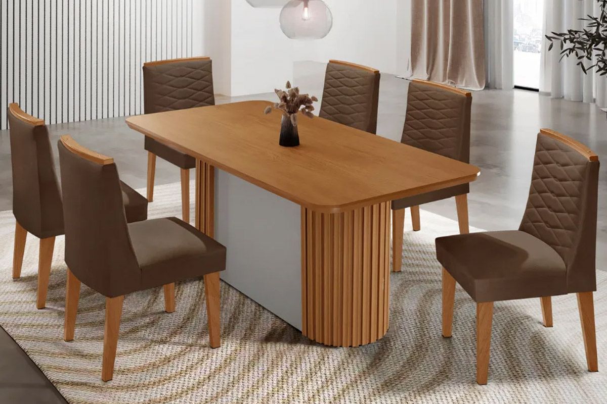 Sala de Jantar Completa Pilar c/ Tampo Madeirado Canto Curvo 180x90cm e 6 Cadeiras Maldivas Madeira Maciça - Rufato