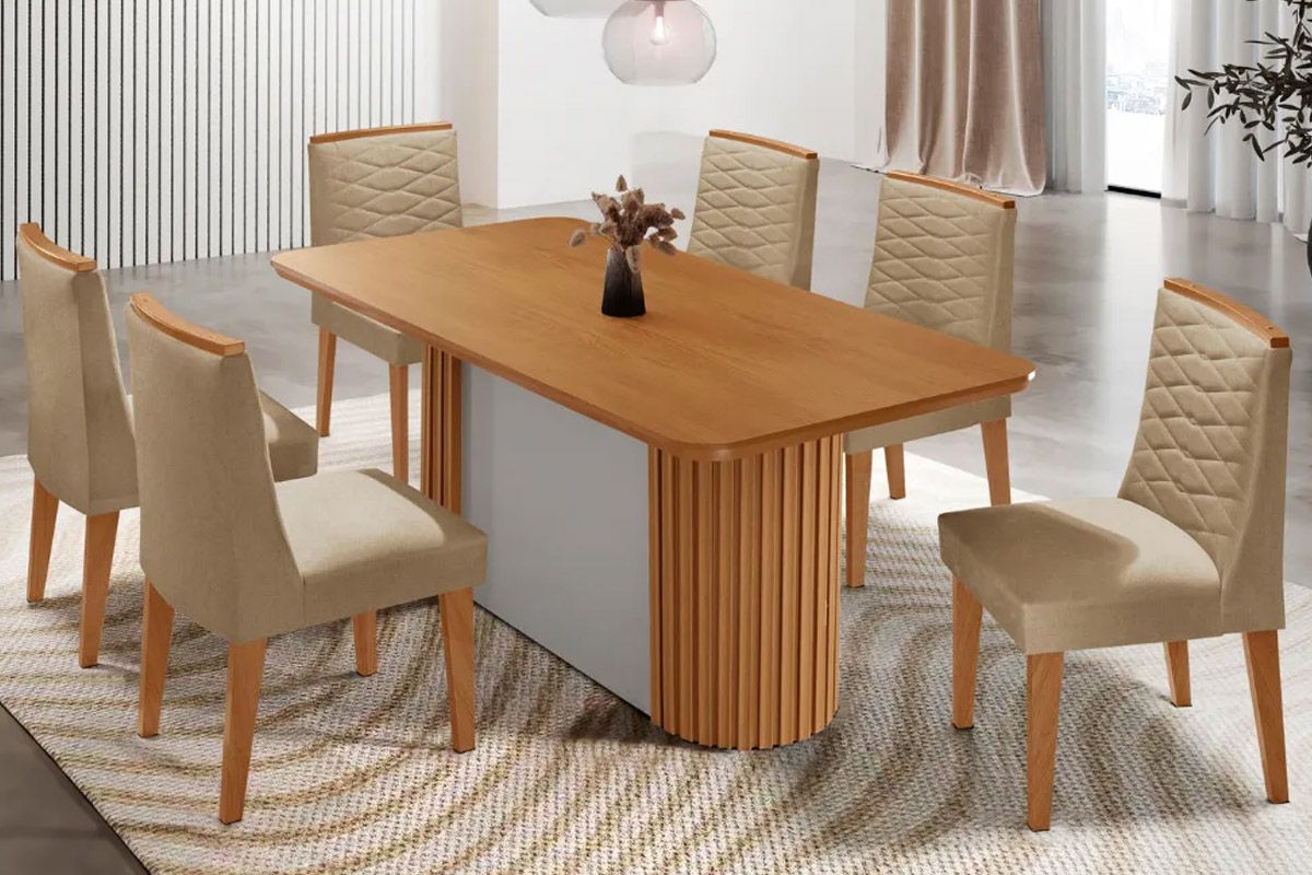 Sala de Jantar Completa Pilar c/ Tampo Madeirado Canto Curvo 180x90cm e 6 Cadeiras Maldivas Madeira Maciça - Rufato