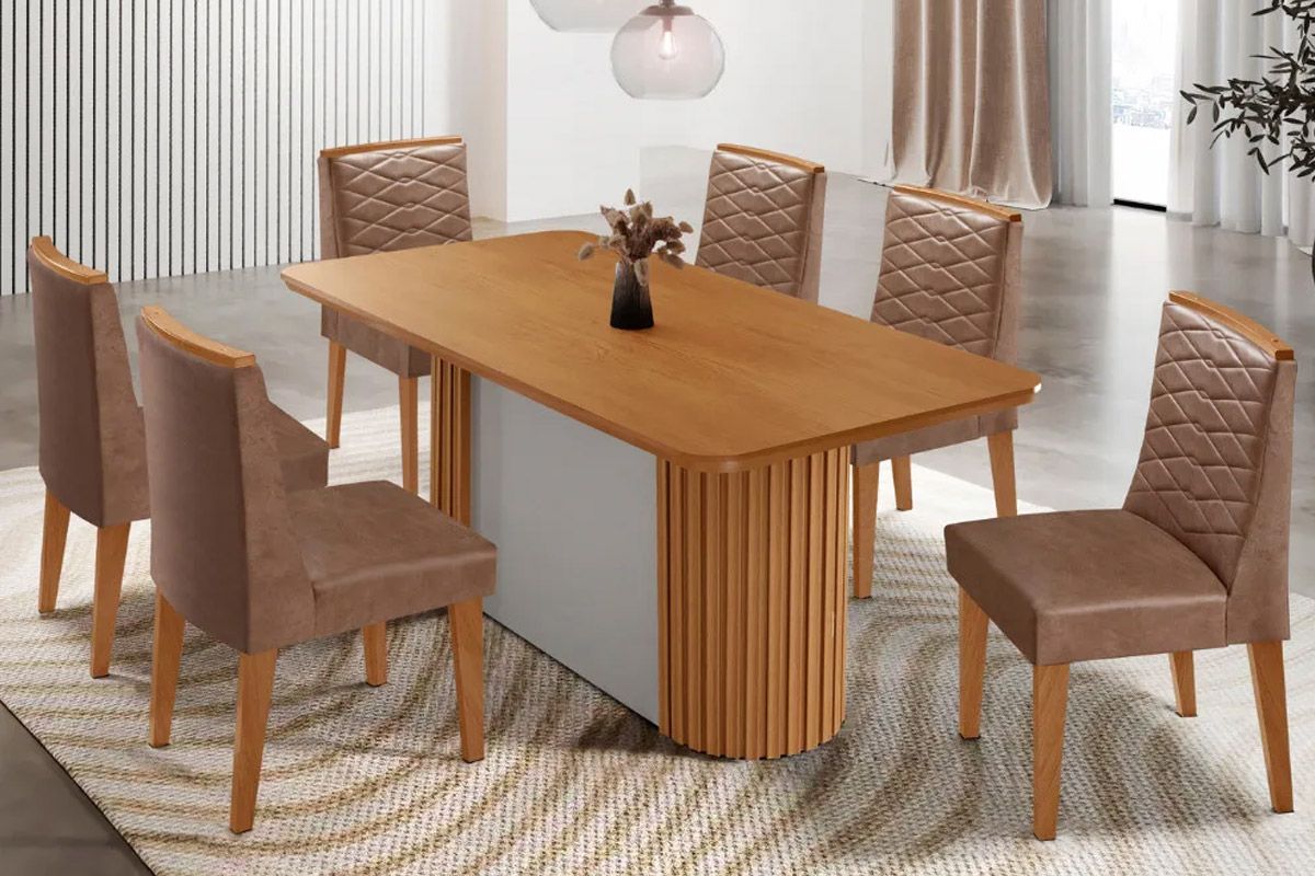 Sala de Jantar Completa Pilar c/ Tampo Madeirado Canto Curvo 180x90cm e 6 Cadeiras Maldivas Madeira Maciça - Rufato