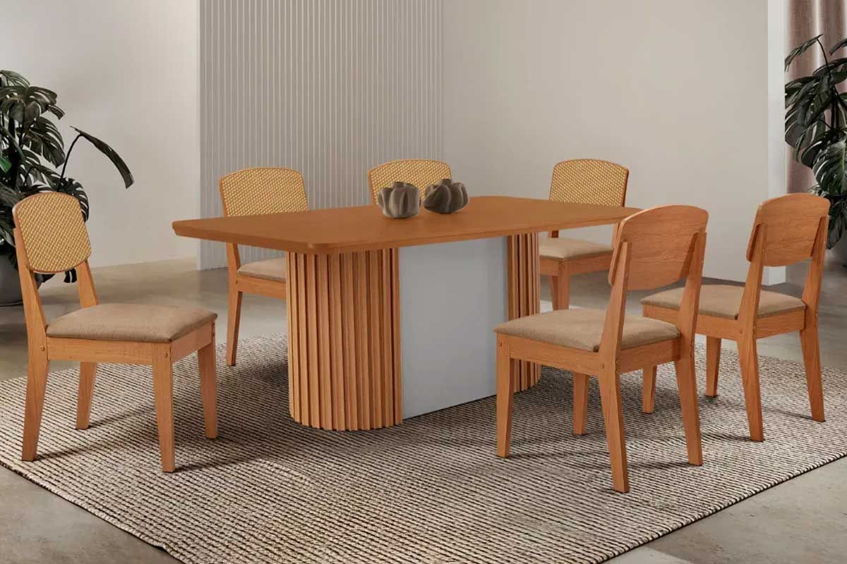Sala de Jantar Completa Pilar c/ Tampo Madeirado Canto Curvo 180x90cm e 6 Cadeiras Havana Premium - Rufato