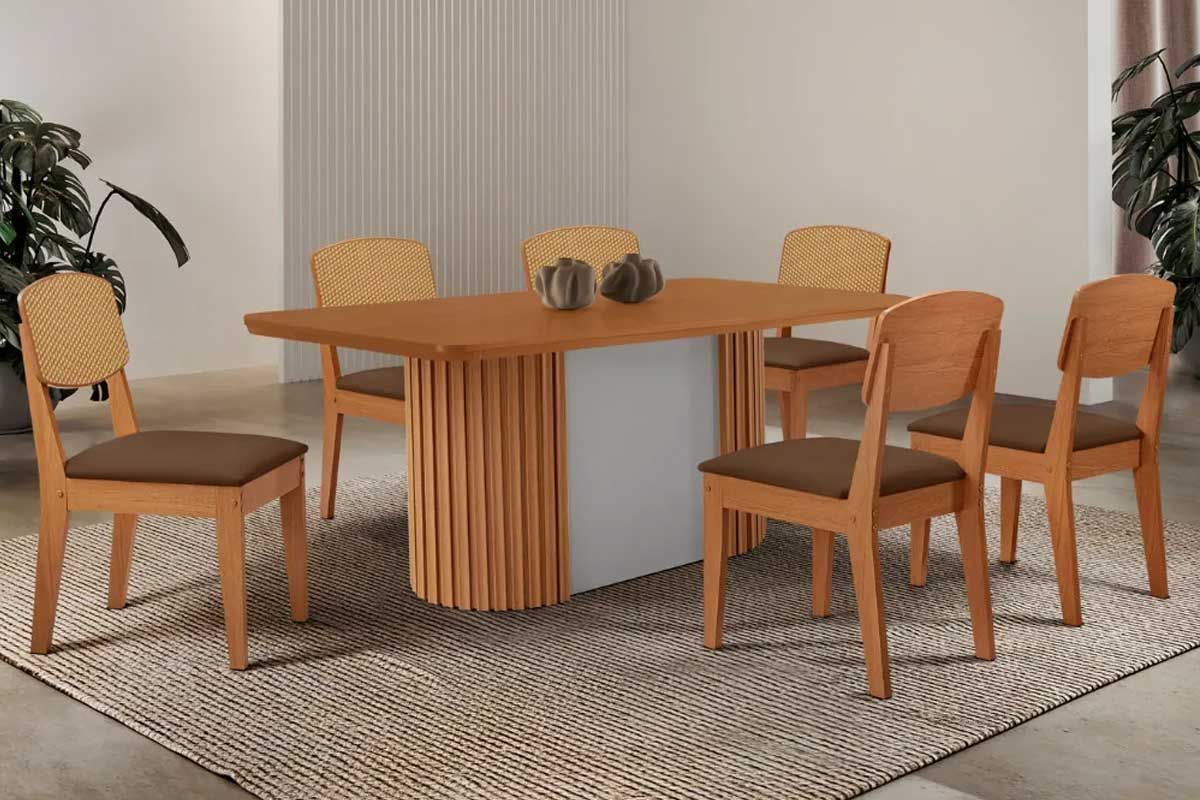 Sala de Jantar Completa Pilar c/ Tampo Madeirado Canto Curvo 180x90cm e 6 Cadeiras Havana Premium - Rufato