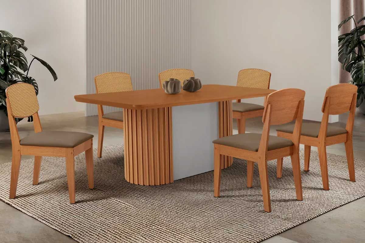 Sala de Jantar Completa Pilar c/ Tampo Madeirado Canto Curvo 180x90cm e 6 Cadeiras Havana Premium - Rufato