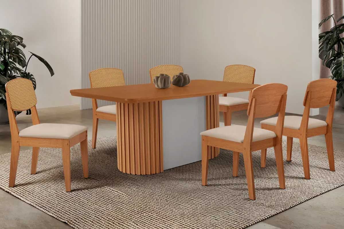 Sala de Jantar Completa Pilar c/ Tampo Madeirado Canto Curvo 180x90cm e 6 Cadeiras Havana Premium - Rufato