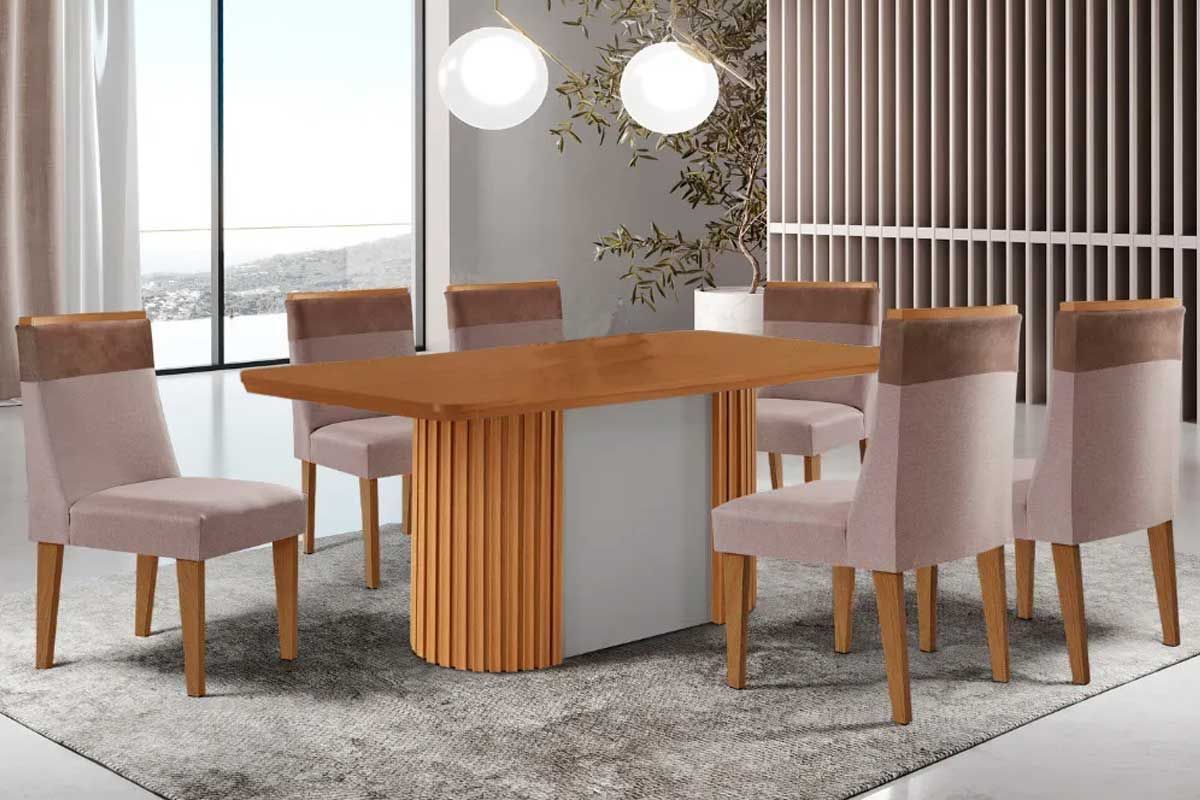 Sala de Jantar Completa Pilar c/ Tampo Madeirado Canto Curvo 180x90cm e 6 Cadeiras Jaspe Madeira Maciça - Rufato