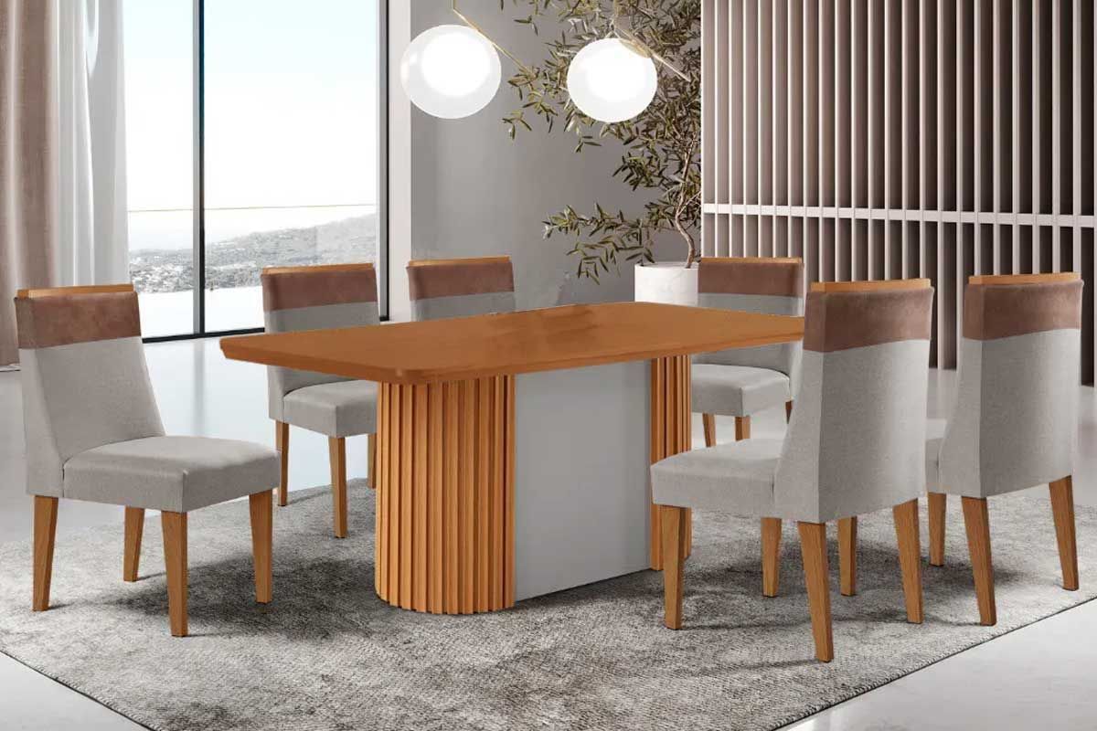 Sala de Jantar Completa Pilar c/ Tampo Madeirado Canto Curvo 180x90cm e 6 Cadeiras Jaspe Madeira Maciça - Rufato
