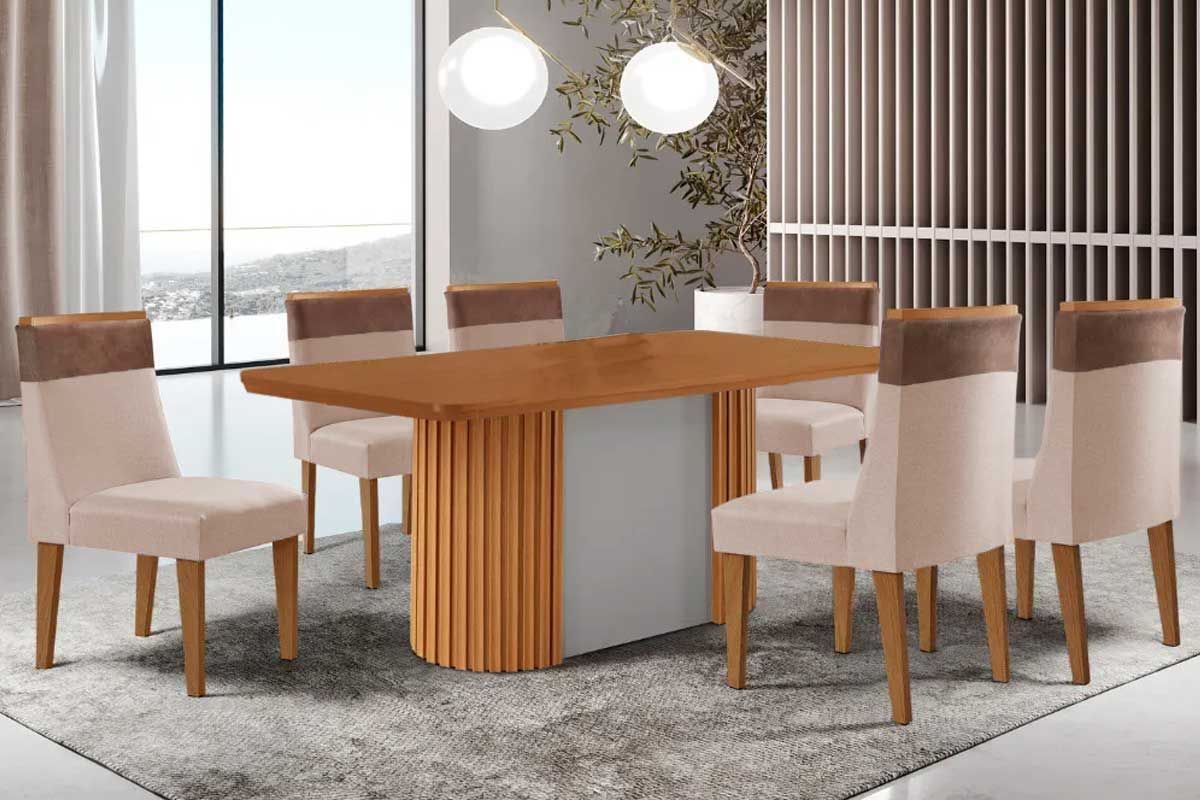 Sala de Jantar Completa Pilar c/ Tampo Madeirado Canto Curvo 180x90cm e 6 Cadeiras Jaspe Madeira Maciça - Rufato