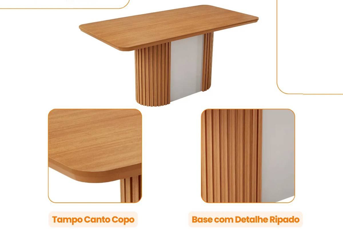 Sala de Jantar Completa Pilar c/ Tampo Madeirado Canto Curvo 180x90cm e 6 Cadeiras Jaspe Madeira Maciça - Rufato