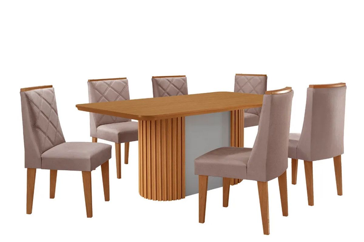 Sala de Jantar Completa Pilar c/ Tampo Madeirado Canto Curvo 180x90cm e 6 Cadeiras Pietá Madeira Maciça - Rufato