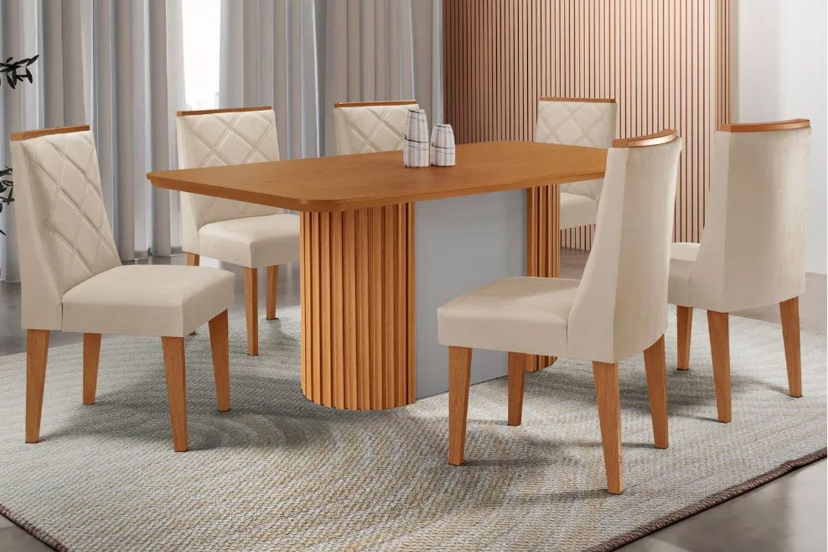 Sala de Jantar Completa Pilar c/ Tampo Madeirado Canto Curvo 180x90cm e 6 Cadeiras Pietá Madeira Maciça - Rufato