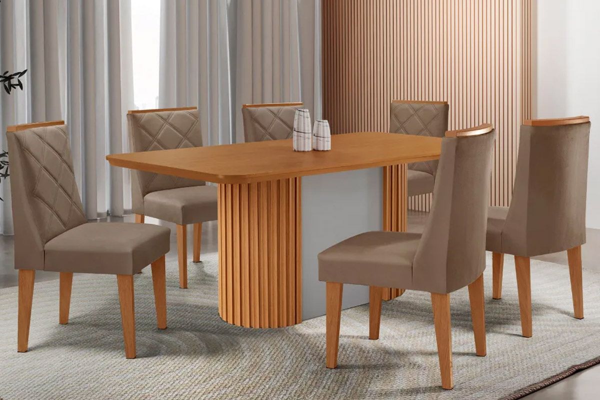 Sala de Jantar Completa Pilar c/ Tampo Madeirado Canto Curvo 180x90cm e 6 Cadeiras Pietá Madeira Maciça - Rufato