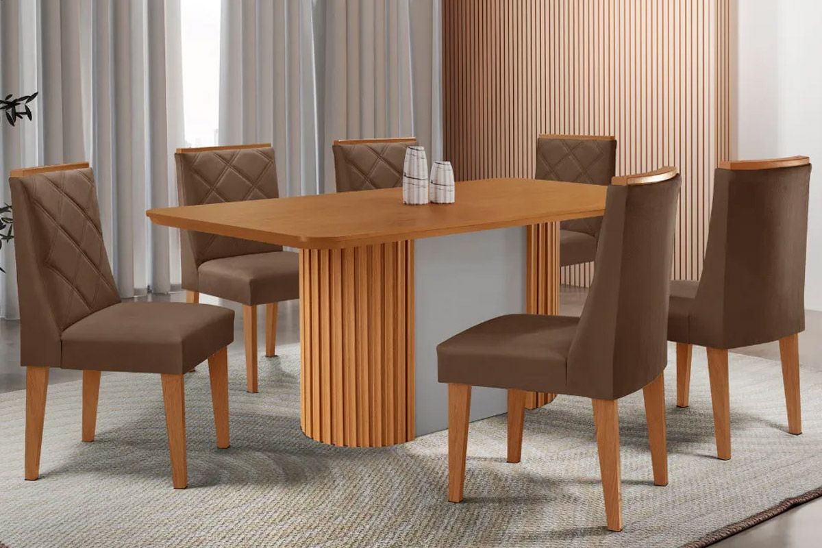 Sala de Jantar Completa Pilar c/ Tampo Madeirado Canto Curvo 180x90cm e 6 Cadeiras Pietá Madeira Maciça - Rufato
