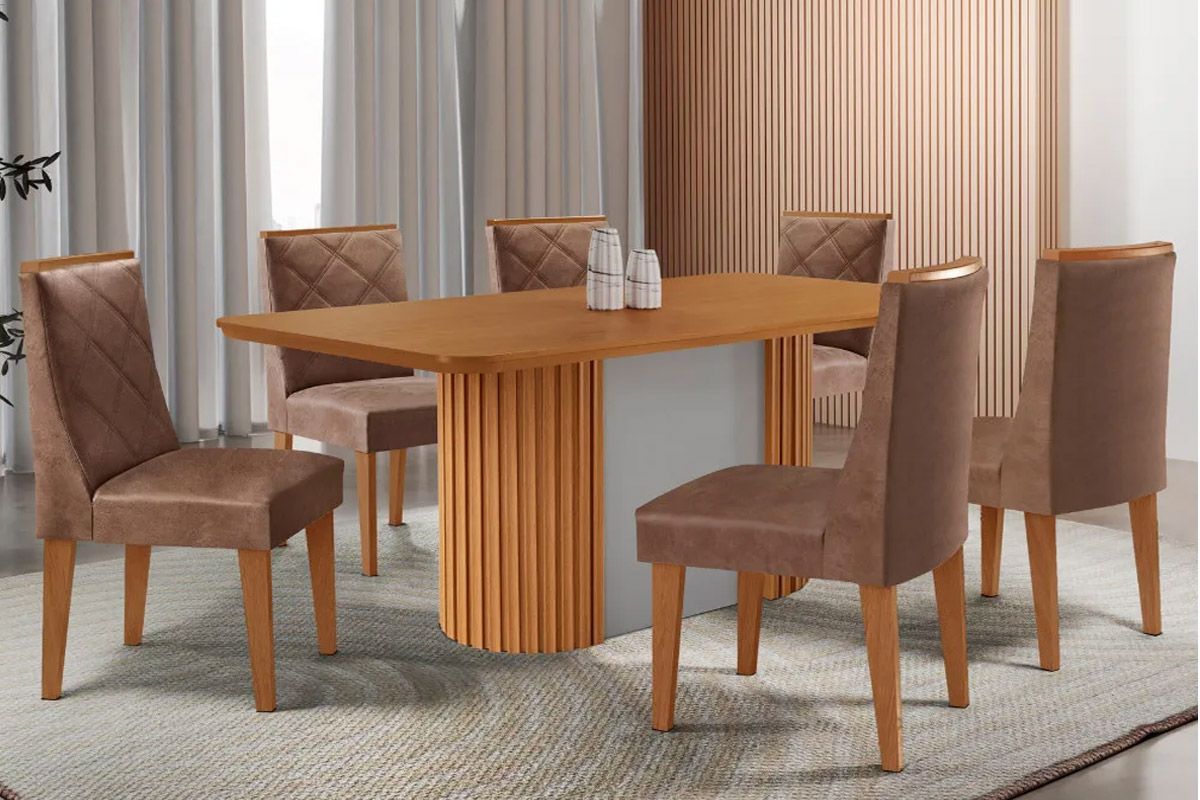 Sala de Jantar Completa Pilar c/ Tampo Madeirado Canto Curvo 180x90cm e 6 Cadeiras Pietá Madeira Maciça - Rufato