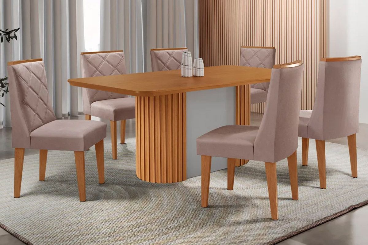 Sala de Jantar Completa Pilar c/ Tampo Madeirado Canto Curvo 180x90cm e 6 Cadeiras Pietá Madeira Maciça - Rufato