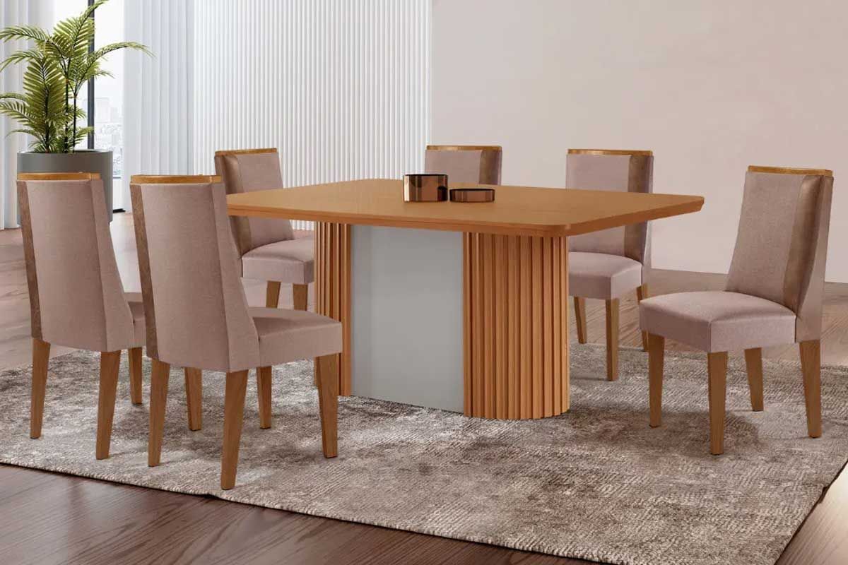 Sala de Jantar Completa Pilar c/ Tampo Madeirado Canto Curvo 180x90cm e 6 Cadeiras Tilia Madeira Maciça - Rufato