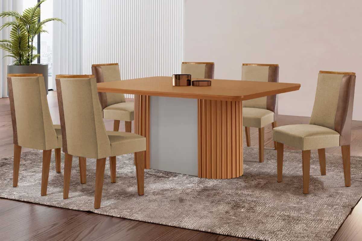Sala de Jantar Completa Pilar c/ Tampo Madeirado Canto Curvo 180x90cm e 6 Cadeiras Tilia Madeira Maciça - Rufato