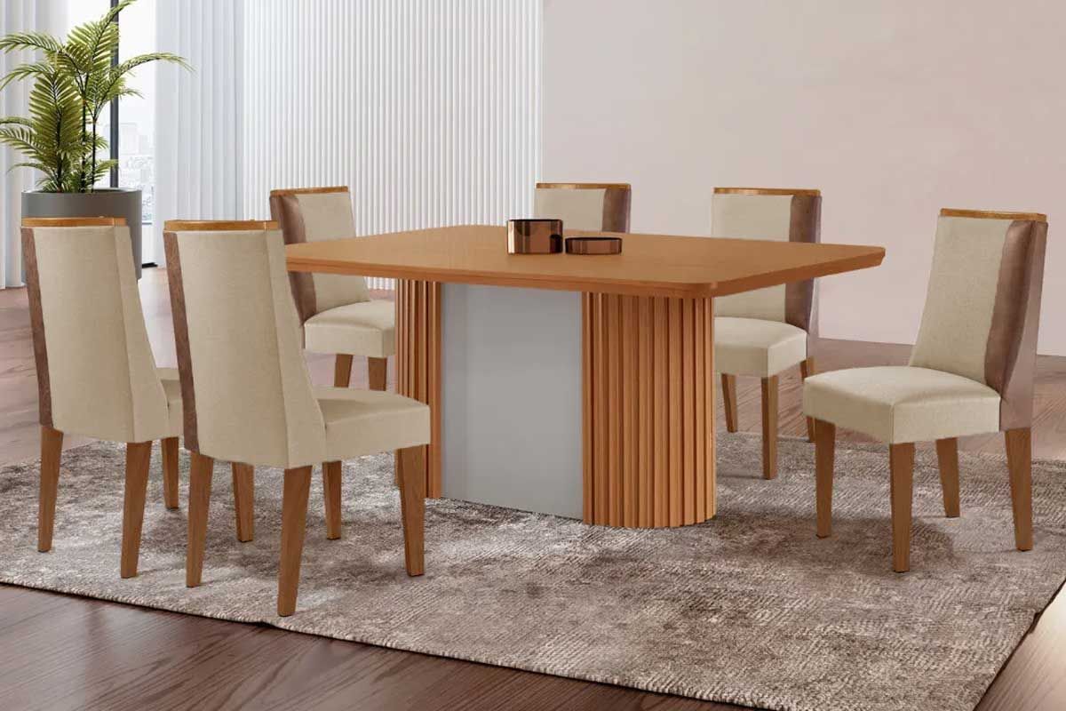 Sala de Jantar Completa Pilar c/ Tampo Madeirado Canto Curvo 180x90cm e 6 Cadeiras Tilia Madeira Maciça - Rufato