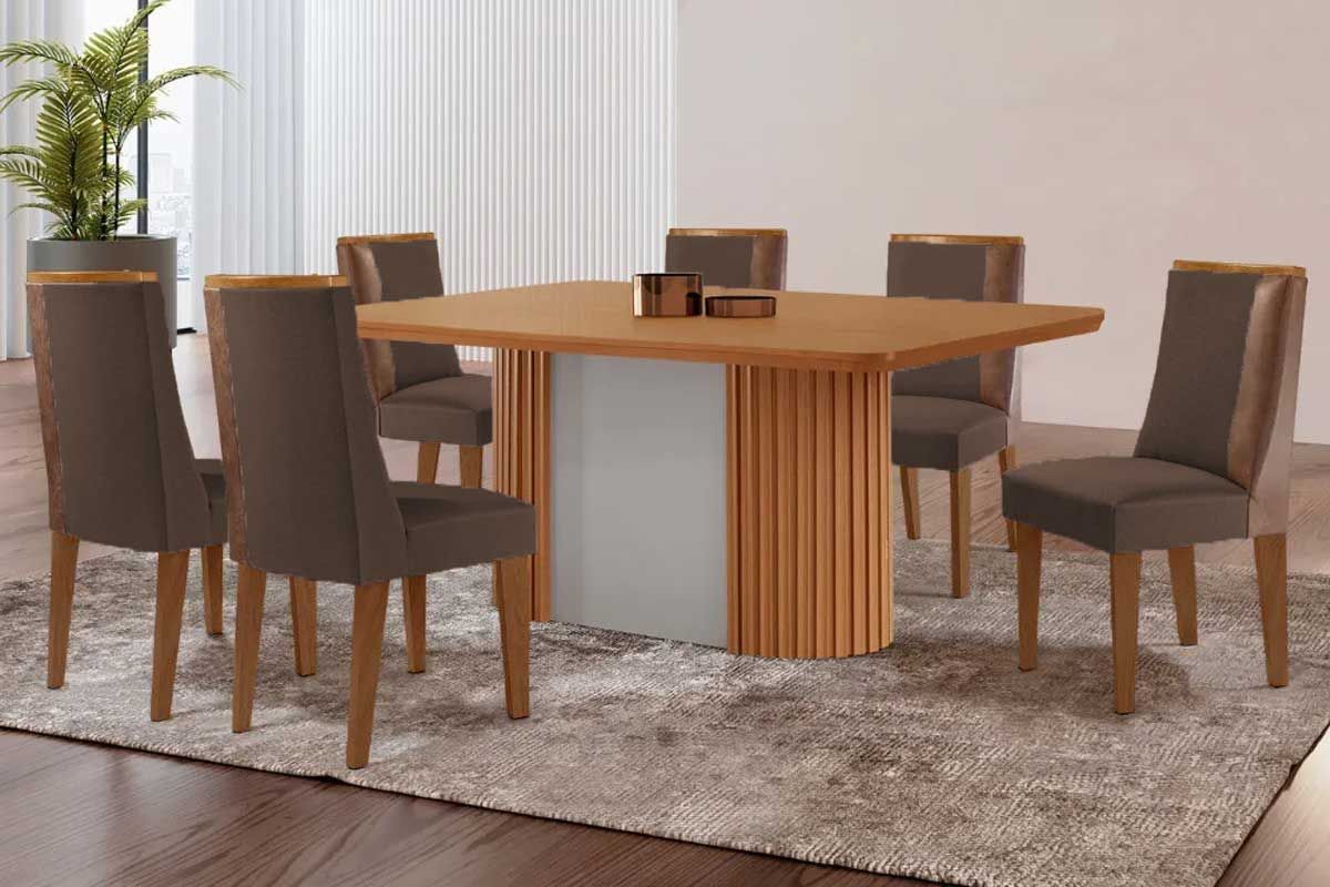 Sala de Jantar Completa Pilar c/ Tampo Madeirado Canto Curvo 180x90cm e 6 Cadeiras Tilia Madeira Maciça - Rufato