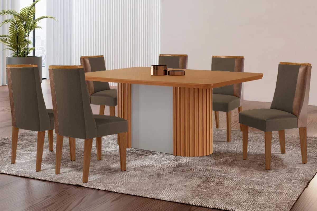 Sala de Jantar Completa Pilar c/ Tampo Madeirado Canto Curvo 180x90cm e 6 Cadeiras Tilia Madeira Maciça - Rufato