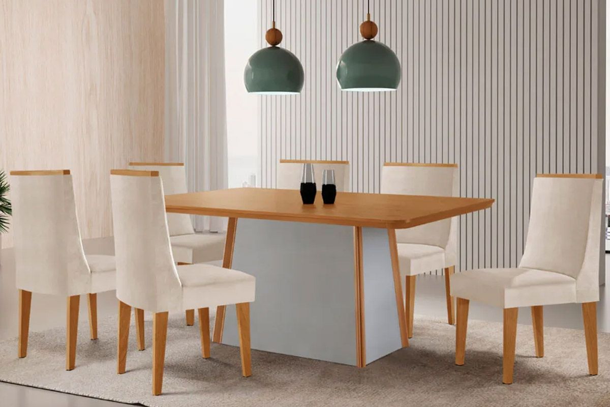 Sala de Jantar Completa Tilia c/ Tampo Madeirado Canto Curvo 180x90cm e 6 Cadeiras Dakota Madeira Maciça - Rufato