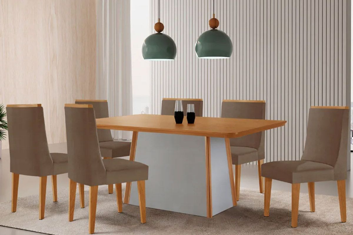 Sala de Jantar Completa Tilia c/ Tampo Madeirado Canto Curvo 180x90cm e 6 Cadeiras Dakota Madeira Maciça - Rufato