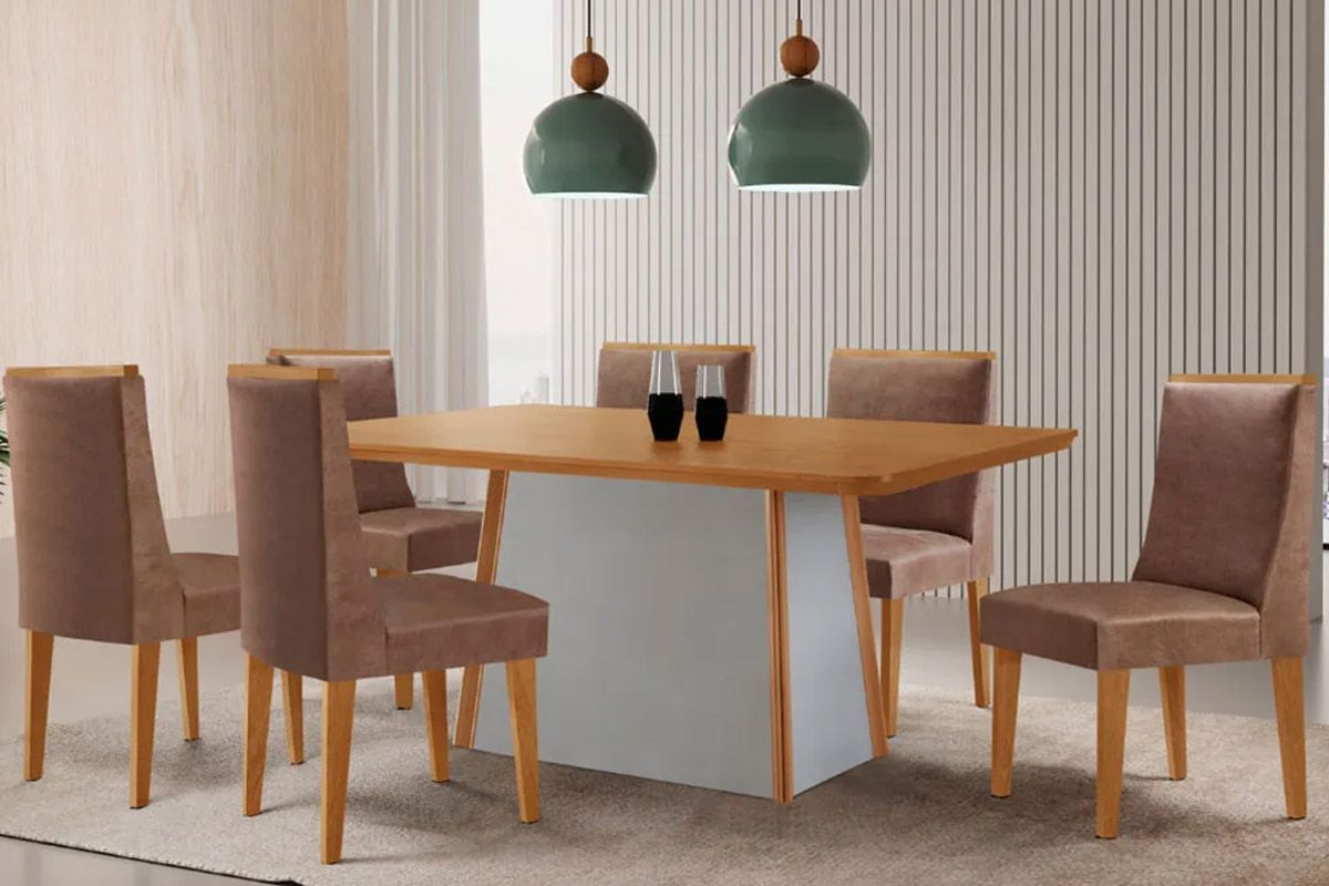 Sala de Jantar Completa Tilia c/ Tampo Madeirado Canto Curvo 180x90cm e 6 Cadeiras Dakota Madeira Maciça - Rufato