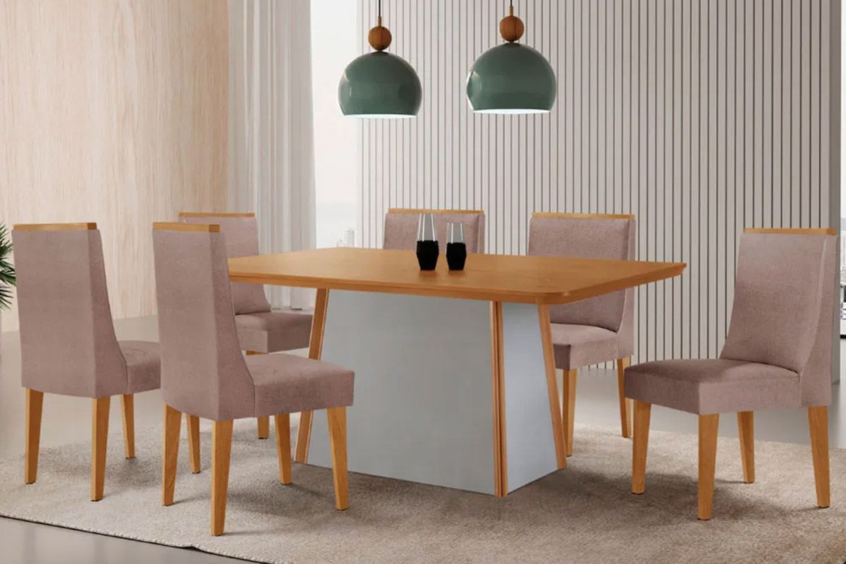 Sala de Jantar Completa Tilia c/ Tampo Madeirado Canto Curvo 180x90cm e 6 Cadeiras Dakota Madeira Maciça - Rufato