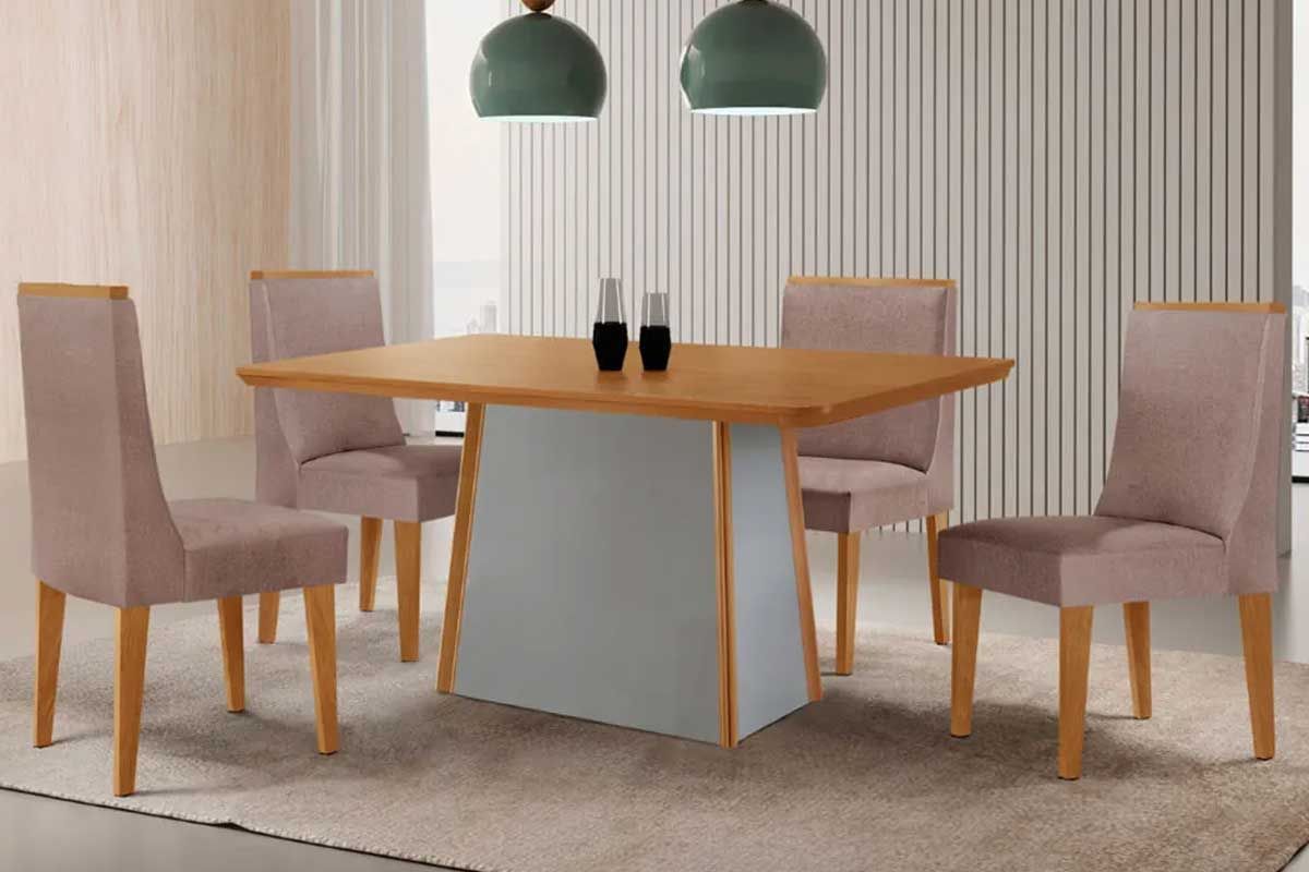 Sala de Jantar Completa Tilia c/ Tampo Madeirado Canto Curvo 120x80cm e 4 Cadeiras Dakota Madeira Maciça - Rufato
