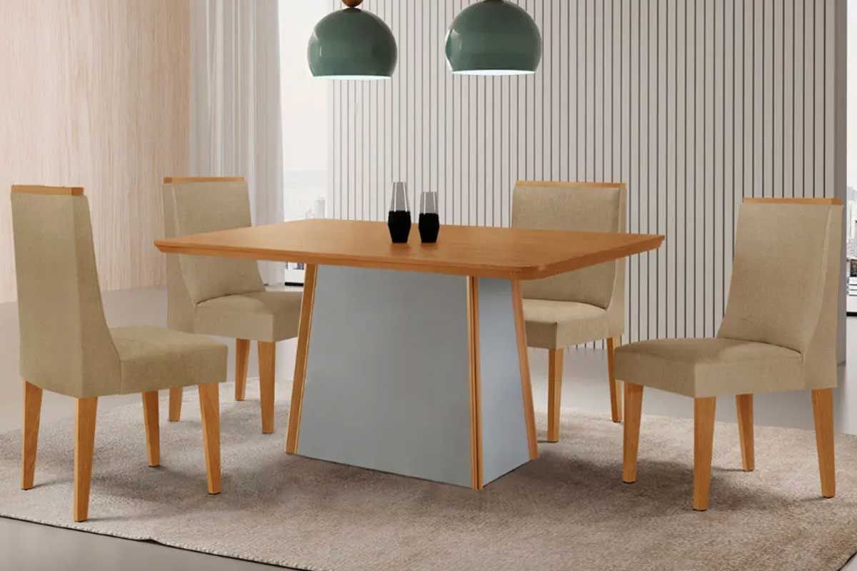 Sala de Jantar Completa Tilia c/ Tampo Madeirado Canto Curvo 120x80cm e 4 Cadeiras Dakota Madeira Maciça - Rufato