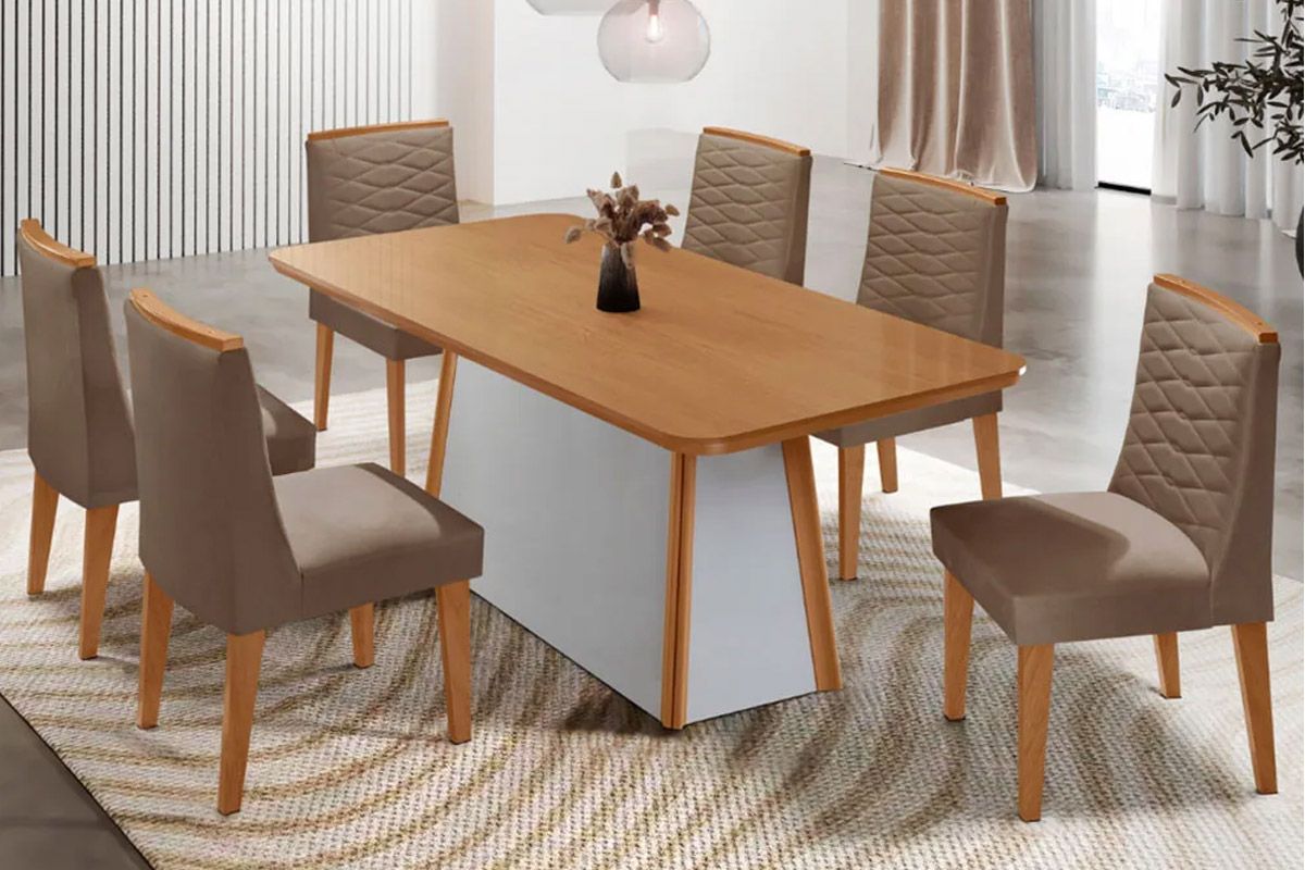 Sala de Jantar Completa Tilia c/ Tampo Madeirado Canto Curvo 180x90cm e 6 Cadeiras Maldivas Madeira Maciça - Rufato