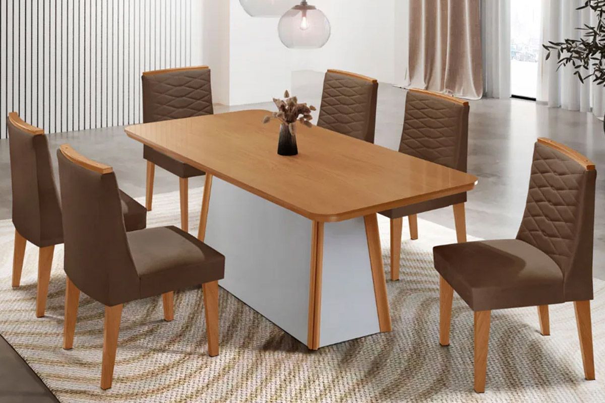 Sala de Jantar Completa Tilia c/ Tampo Madeirado Canto Curvo 180x90cm e 6 Cadeiras Maldivas Madeira Maciça - Rufato