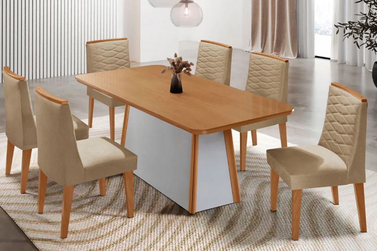 Sala de Jantar Completa Tilia c/ Tampo Madeirado Canto Curvo 180x90cm e 6 Cadeiras Maldivas Madeira Maciça - Rufato