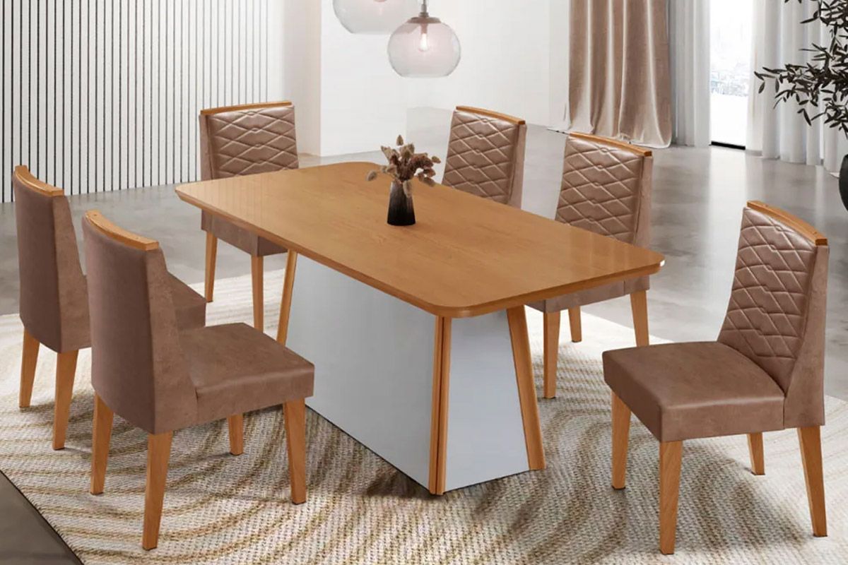 Sala de Jantar Completa Tilia c/ Tampo Madeirado Canto Curvo 180x90cm e 6 Cadeiras Maldivas Madeira Maciça - Rufato