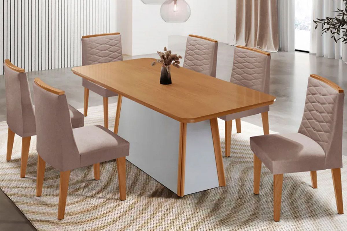 Sala de Jantar Completa Tilia c/ Tampo Madeirado Canto Curvo 180x90cm e 6 Cadeiras Maldivas Madeira Maciça - Rufato