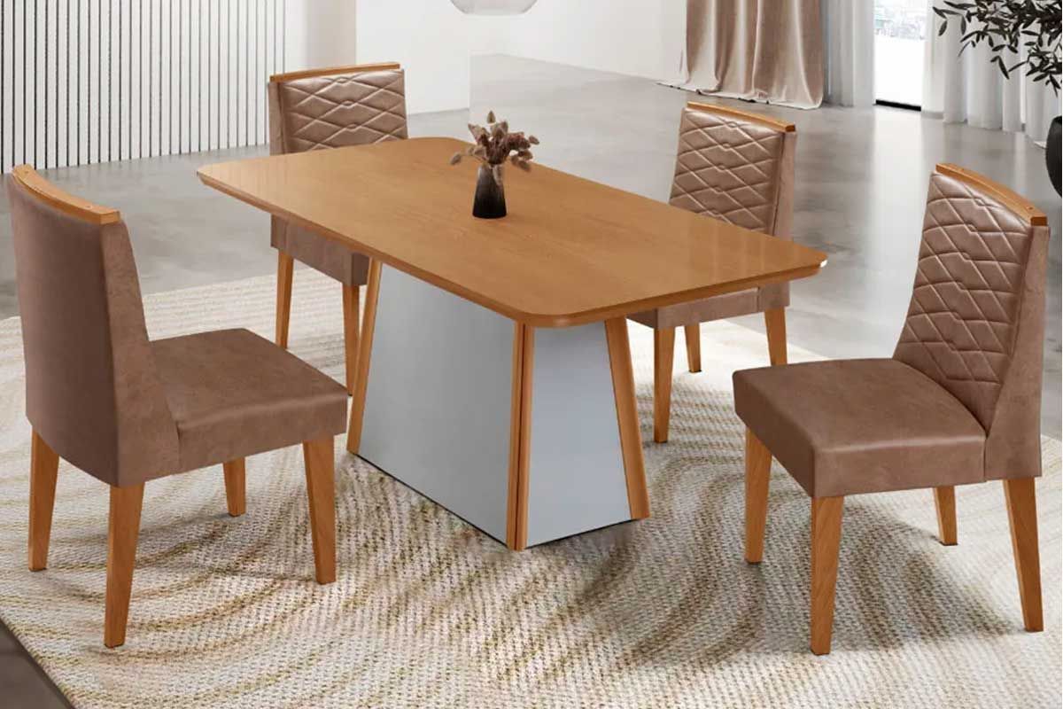 Sala de Jantar Completa Tilia c/ Tampo Madeirado Canto Curvo 120x80cm e 4 Cadeiras Maldivas Madeira Maciça - Rufato