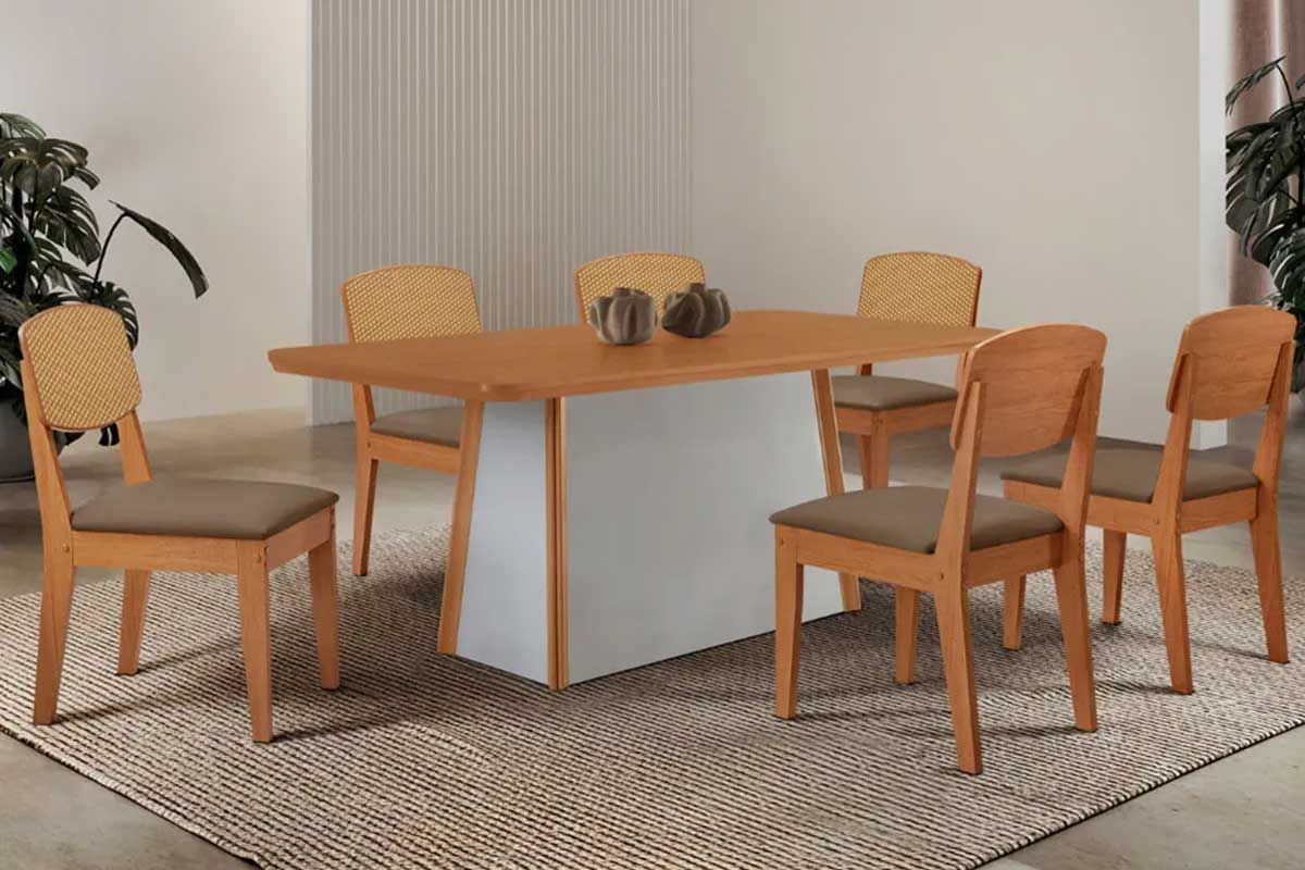 Sala de Jantar Completa Tilia c/ Tampo Madeirado Canto Curvo 180x90cm e 6 Cadeiras Havana Premium - Rufato