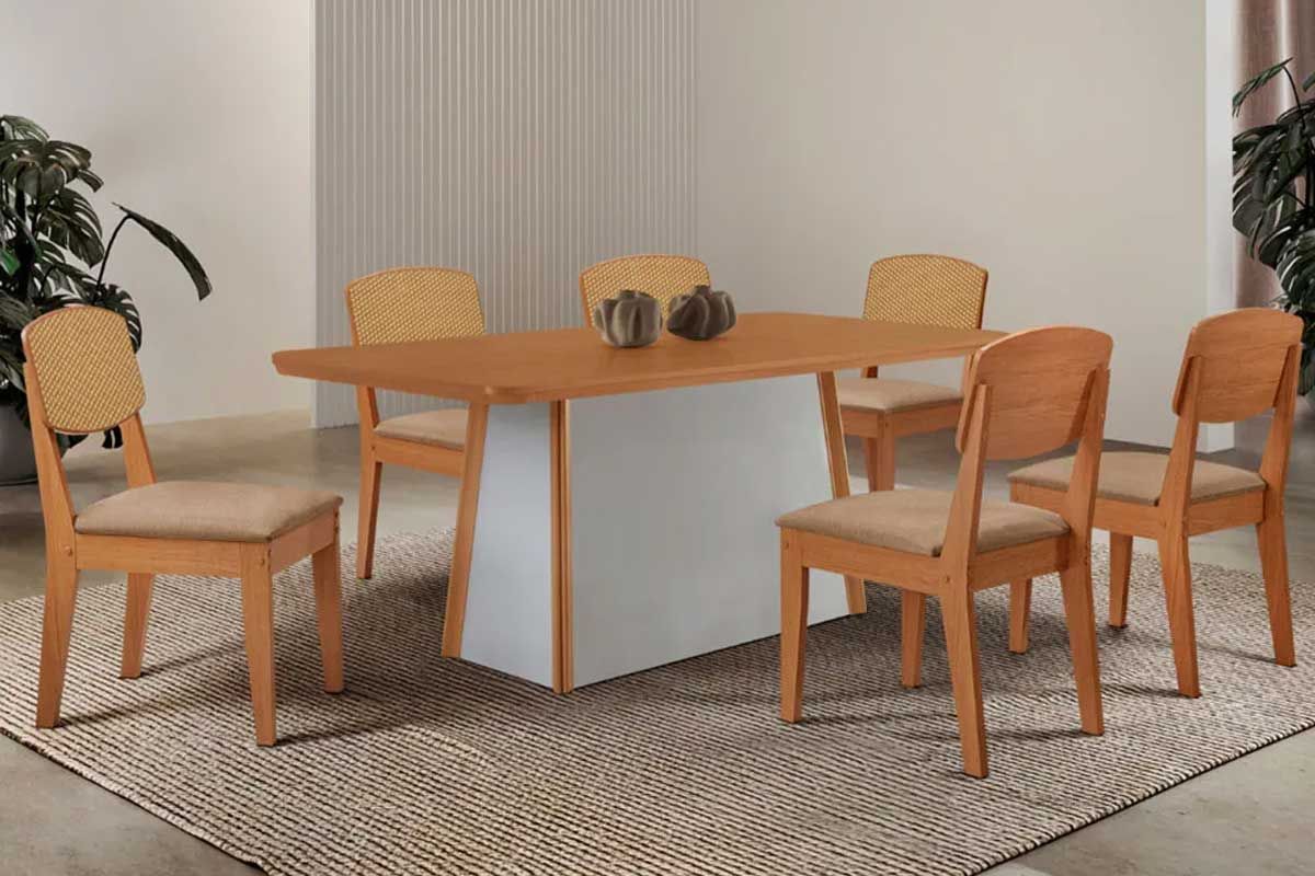 Sala de Jantar Completa Tilia c/ Tampo Madeirado Canto Curvo 180x90cm e 6 Cadeiras Havana Premium - Rufato