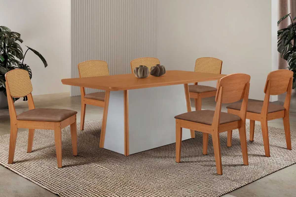 Sala de Jantar Completa Tilia c/ Tampo Madeirado Canto Curvo 180x90cm e 6 Cadeiras Havana Premium - Rufato