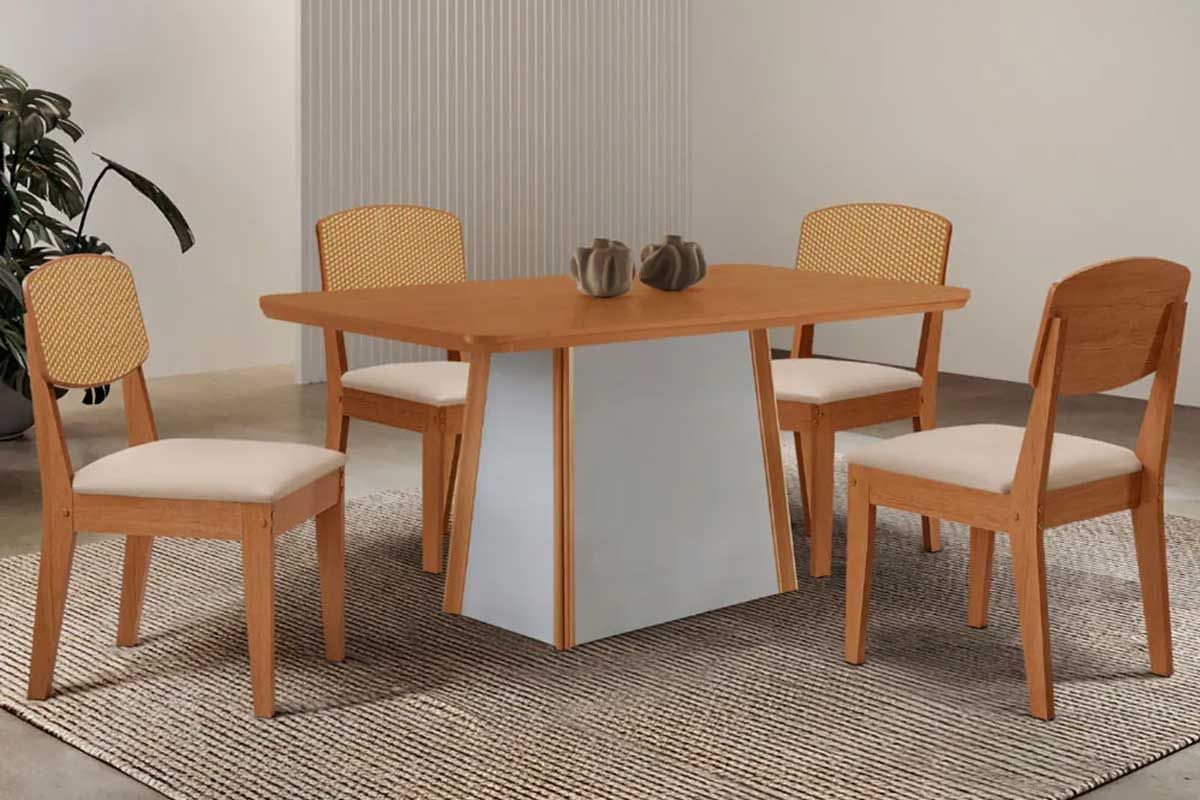 Sala de Jantar Completa Tilia c/ Tampo Madeirado Canto Curvo 120x80cm e 4 Cadeiras Havana Premium - Rufato