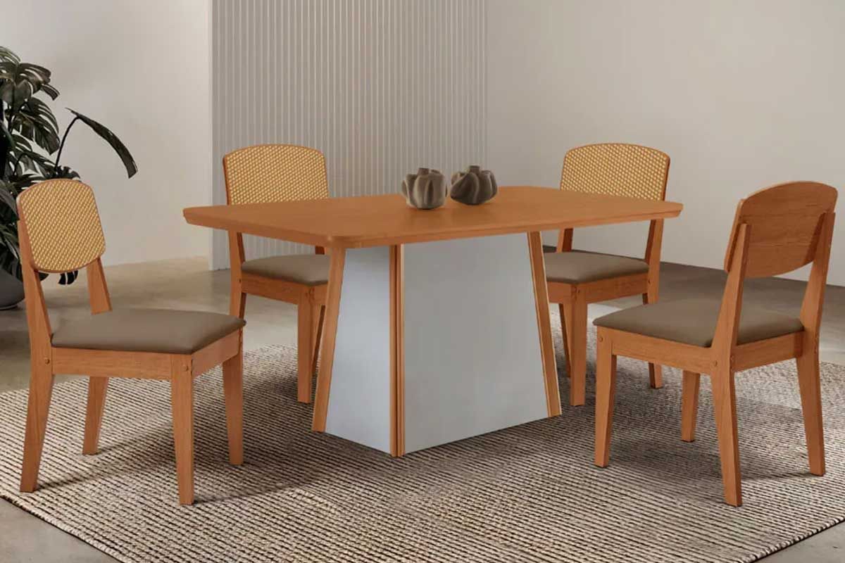 Sala de Jantar Completa Tilia c/ Tampo Madeirado Canto Curvo 120x80cm e 4 Cadeiras Havana Premium - Rufato