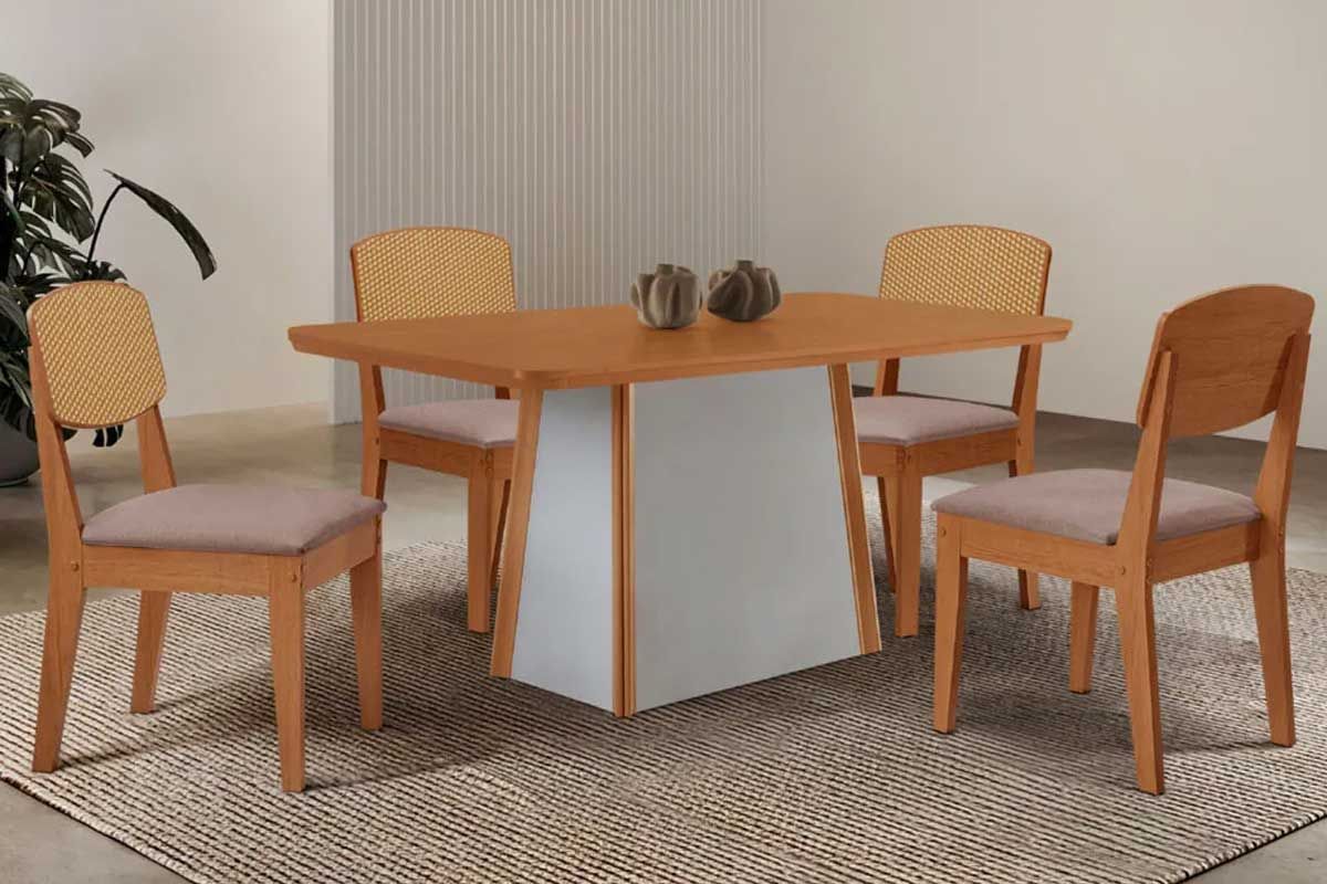 Sala de Jantar Completa Tilia c/ Tampo Madeirado Canto Curvo 120x80cm e 4 Cadeiras Havana Premium - Rufato