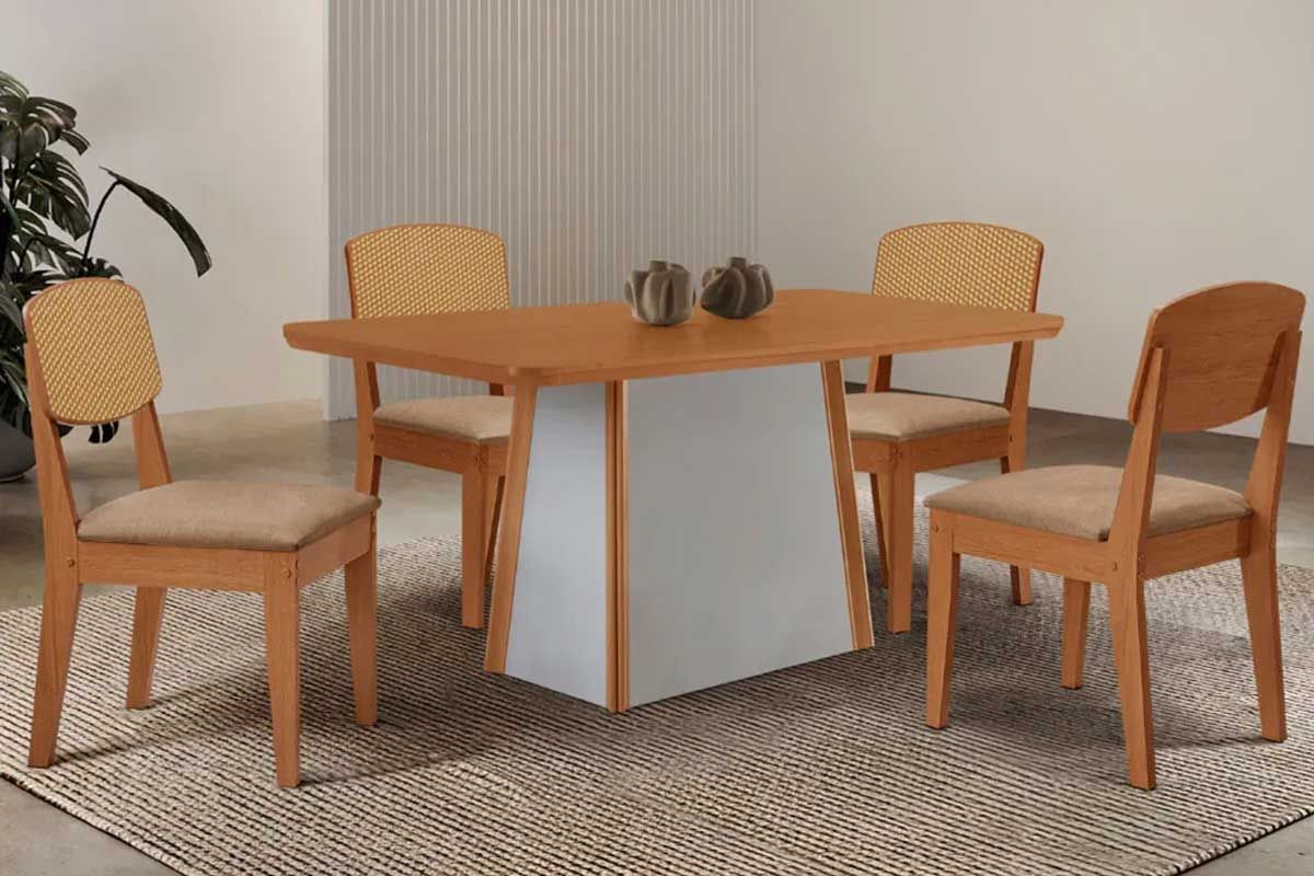 Sala de Jantar Completa Tilia c/ Tampo Madeirado Canto Curvo 120x80cm e 4 Cadeiras Havana Premium - Rufato