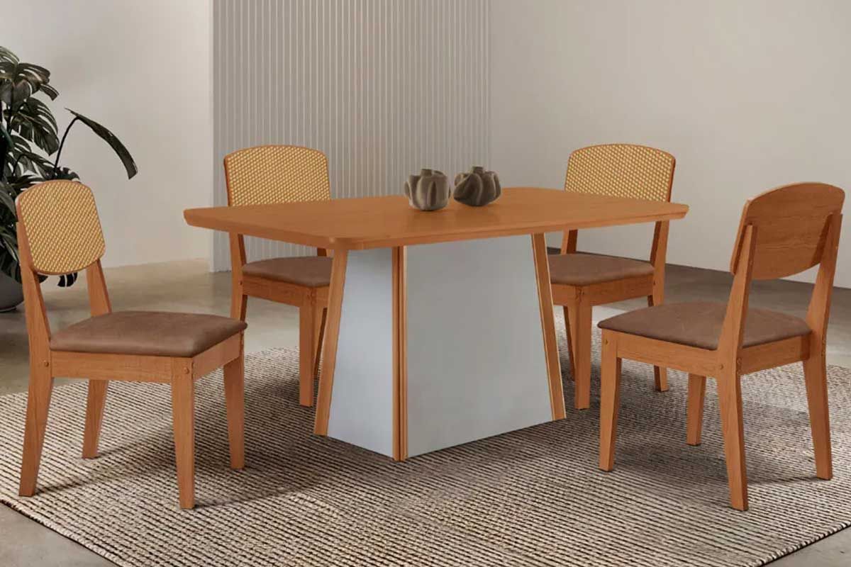 Sala de Jantar Completa Tilia c/ Tampo Madeirado Canto Curvo 120x80cm e 4 Cadeiras Havana Premium - Rufato