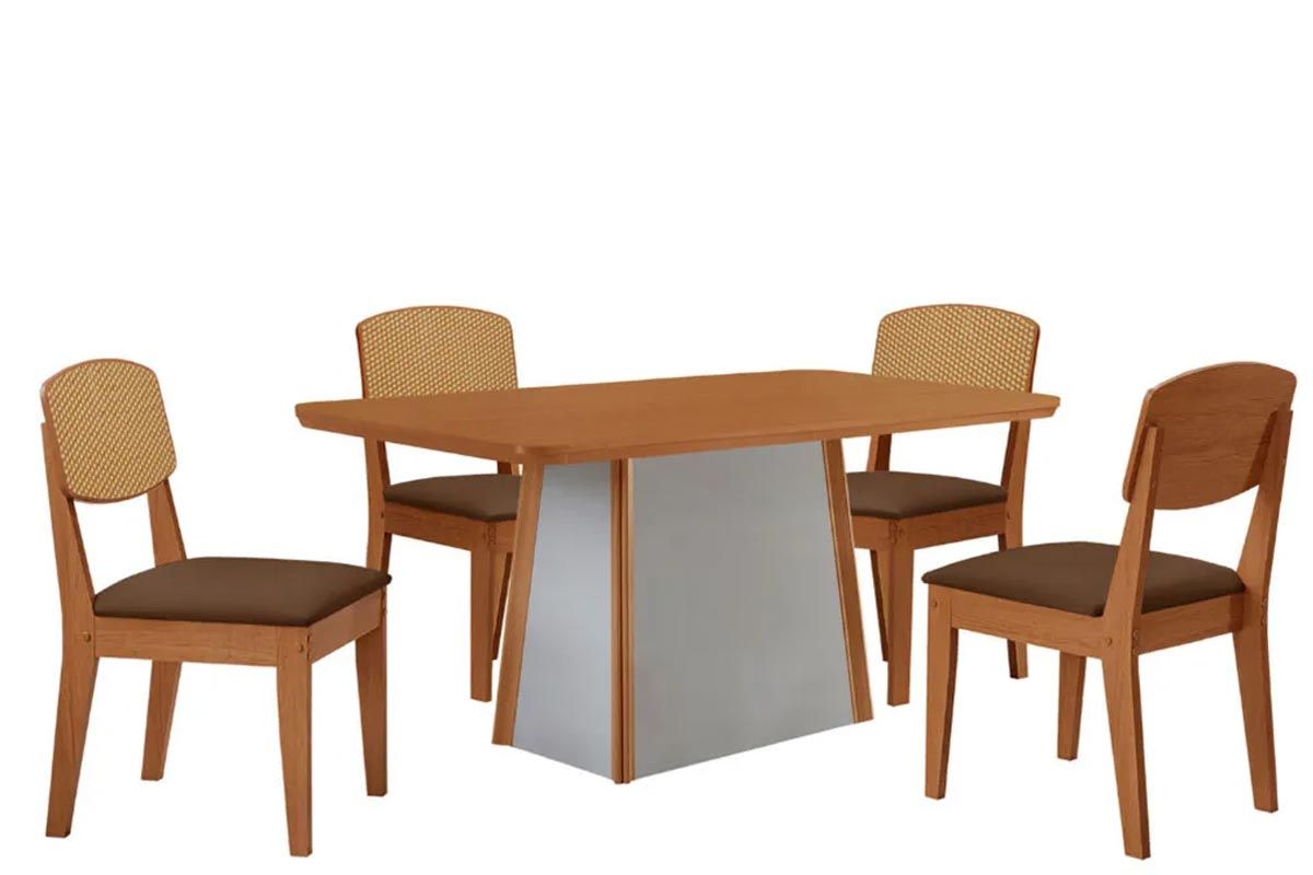 Sala de Jantar Completa Tilia c/ Tampo Madeirado Canto Curvo 120x80cm e 4 Cadeiras Havana Premium - Rufato