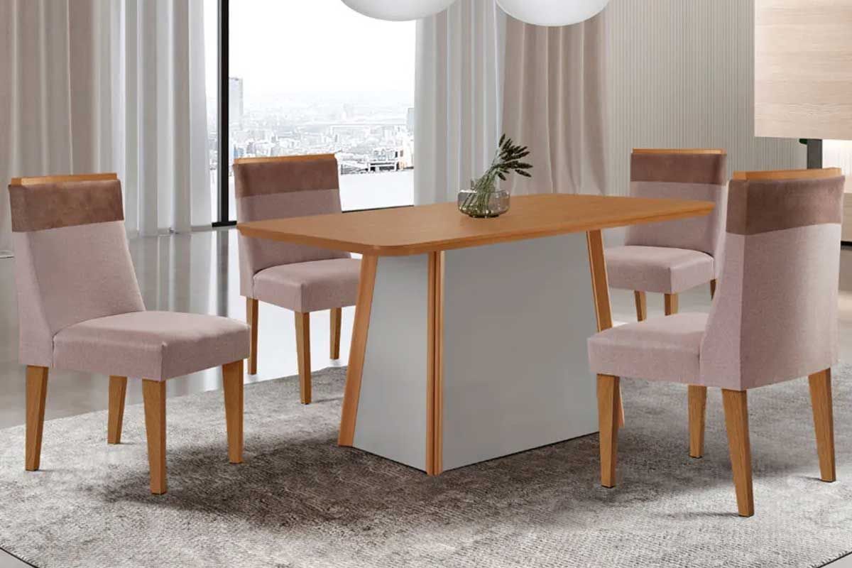 Sala de Jantar Completa Tilia c/ Tampo Madeirado Canto Curvo 120x80cm e 4 Cadeiras Jaspe Madeira Maciça - Rufato