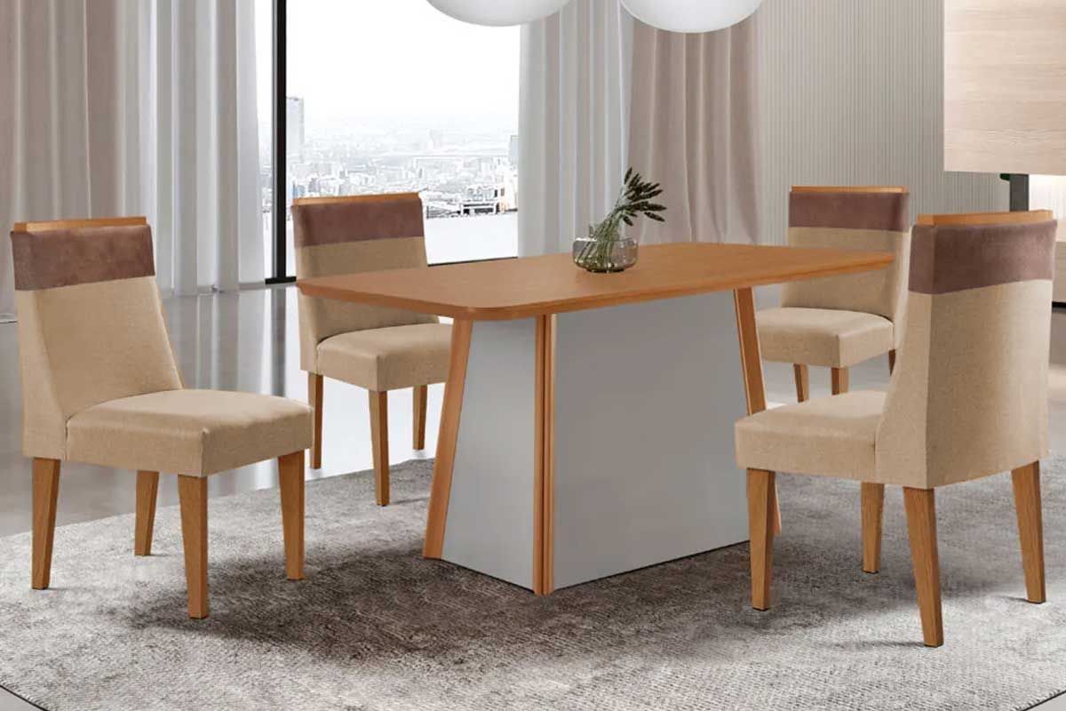 Sala de Jantar Completa Tilia c/ Tampo Madeirado Canto Curvo 120x80cm e 4 Cadeiras Jaspe Madeira Maciça - Rufato