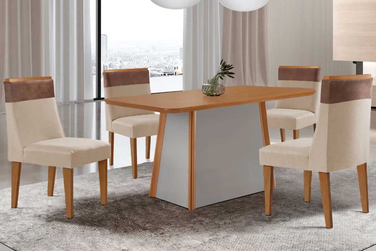 Sala de Jantar Completa Tilia c/ Tampo Madeirado Canto Curvo 120x80cm e 4 Cadeiras Jaspe Madeira Maciça - Rufato