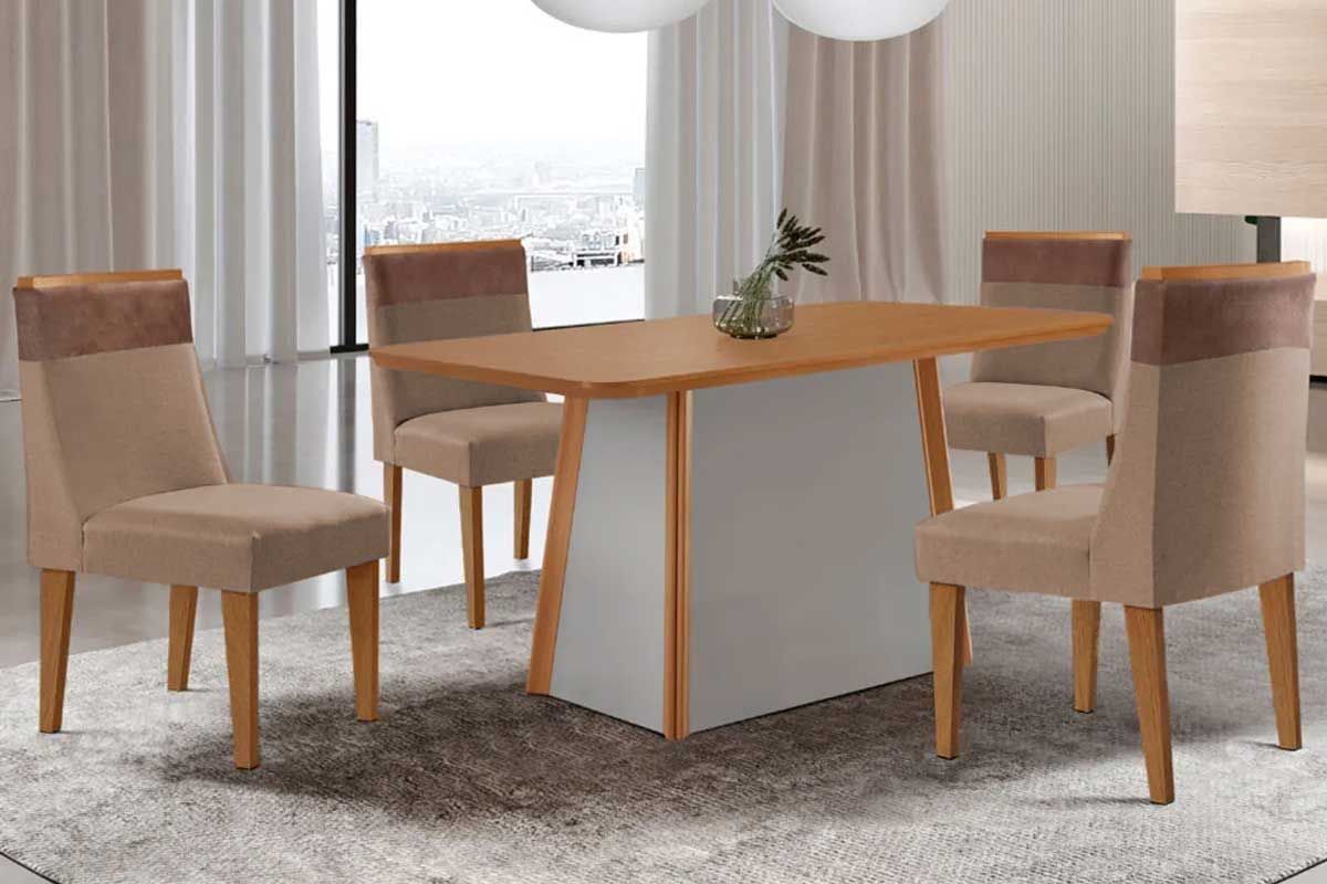 Sala de Jantar Completa Tilia c/ Tampo Madeirado Canto Curvo 120x80cm e 4 Cadeiras Jaspe Madeira Maciça - Rufato