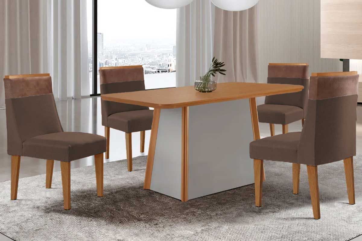Sala de Jantar Completa Tilia c/ Tampo Madeirado Canto Curvo 120x80cm e 4 Cadeiras Jaspe Madeira Maciça - Rufato